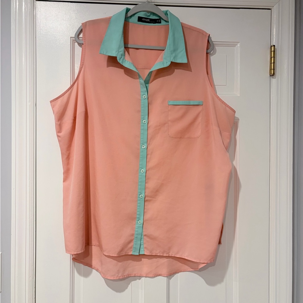 Eloquii Peach Sleeveless Button Front Blouse | Mint Contrast Collar | Size 24W